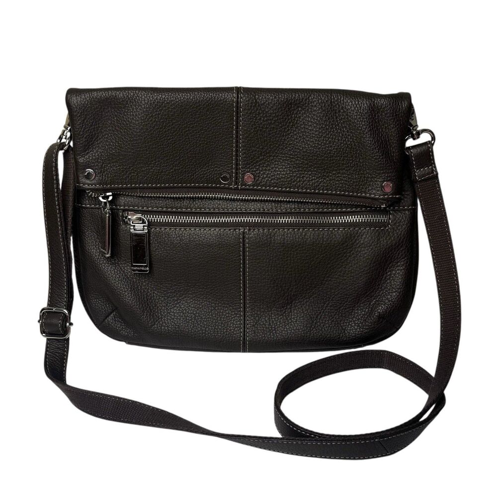 Tignanello‎ Bag Crossbody Brown Pebble Leather Double Zip Pocket Flap Purse